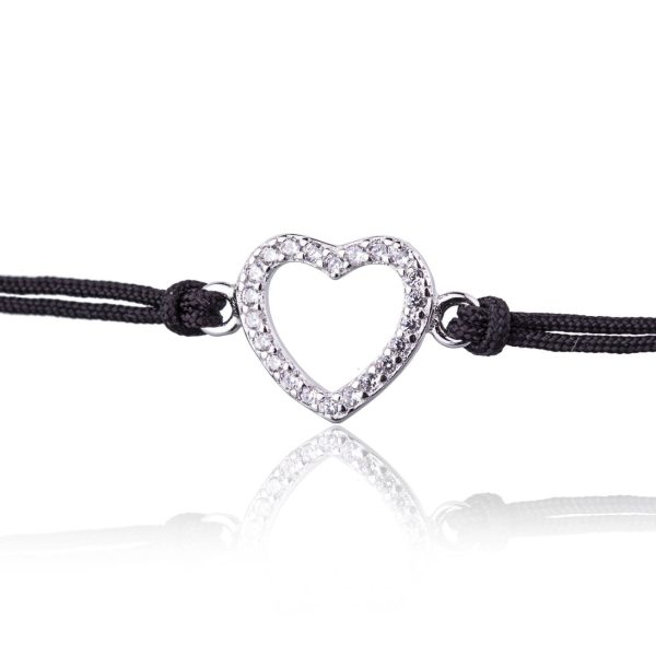 Pulsera Cuerda Plata Corazones Negros Pedrería