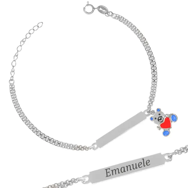 Pulsera Niño Plata con Oso Azul y Plaquita Grabable